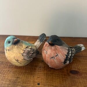 Rustic Wood Look Bird Figurines Set of 2 Blue Terracotta Farmhouse Decor 98259